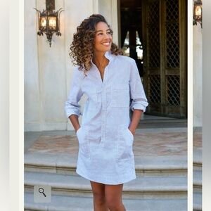 Frank & Eileen Southern Ireland utility dress linen medium blue and white stripe